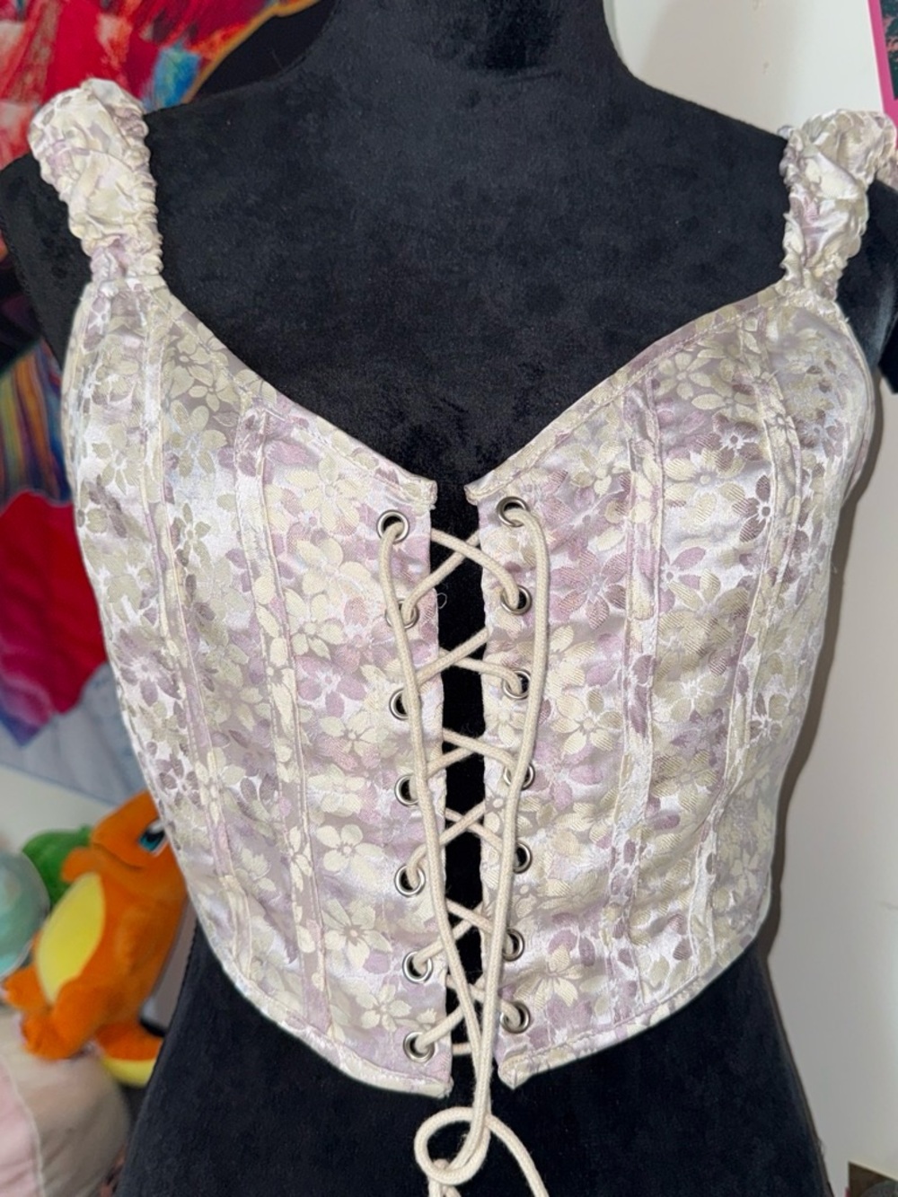 Cider Lace-Up Floral Brocade Corset Top in Lavender and Cream